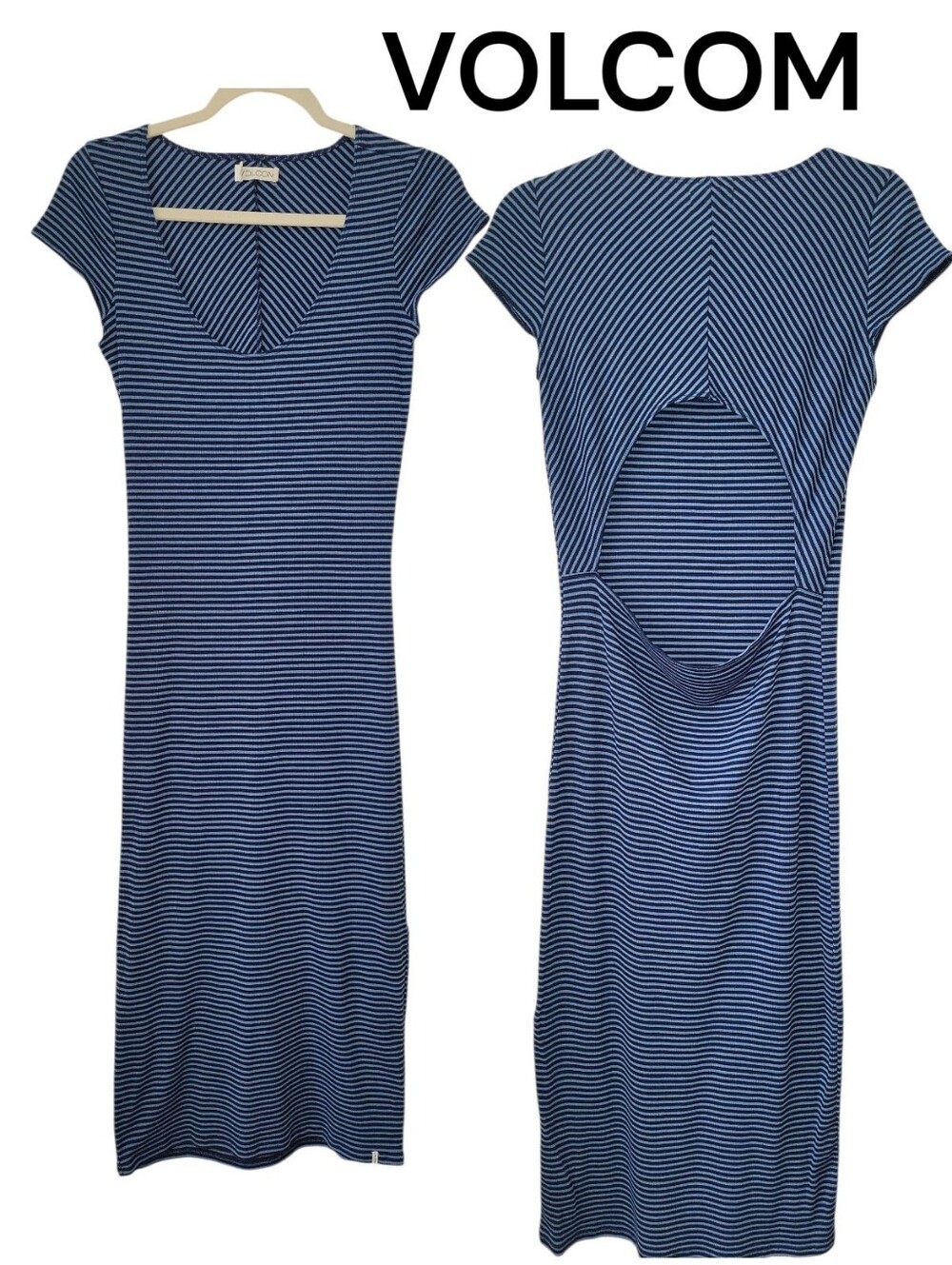 VOLCOM Possession Bodycon Striped Dress Cut-Out Back, M/12, Blue/Navy EUC
